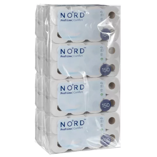 NORD Profi Line Comfort kistekercses toalettpapír 3 rétegű fehér 150 lapos 8x 8 tekercs (1 zsák)