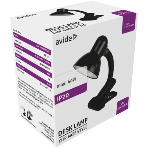 Avide Basic Asztali Lámpa Csíptethető Fekete Max 60W