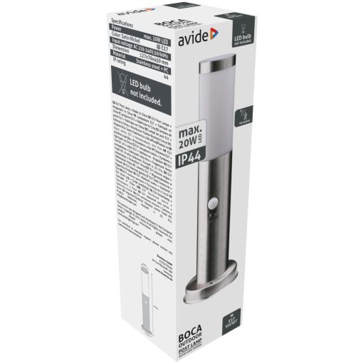 Avide kültéri álló lámpa Boca 1xE27 PIR 450mm IP44 Szatén Nikkel