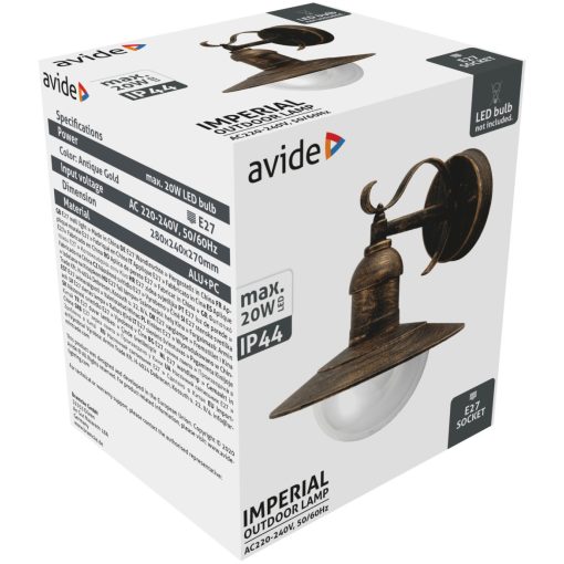 Avide kültéri fali lámpa Imperial 1xE27 IP44 antik arany