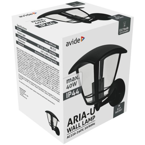 Avide Kültéri Fali Lámpa Aria-U 1xE27 Fekete IP44