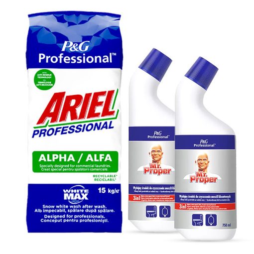 Ariel Alfa Whitemax mosópor 15 kg + Ajándék Mr. Proper WC tisztító 750 ml (2db)