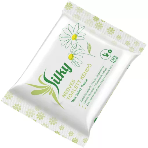 Silky Toalett 40 lapos 100% lebomló nedves toalettkendő kamilla, körömvirág és aloe vera kivonattal