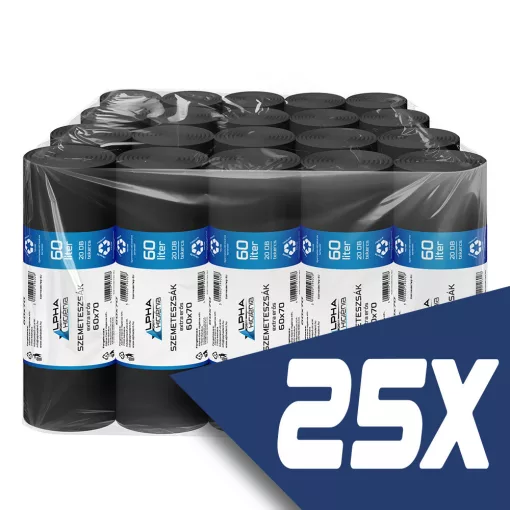 Szemeteszsák fekete 60x70 15mikron 60L 20db/tekercs (25 tekercs)