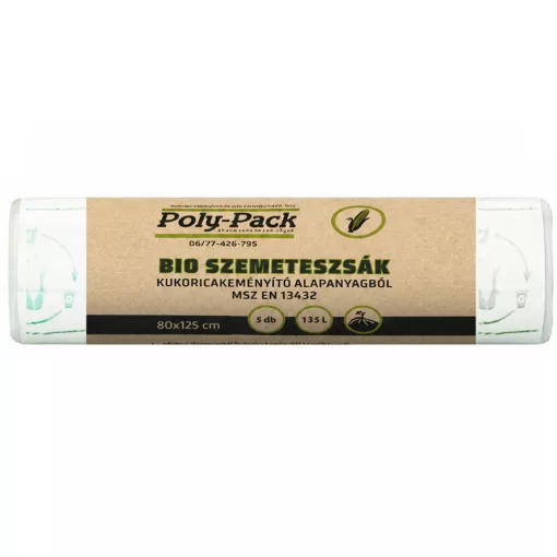 Kukoricakeményítő alapú (EN13432) PLA zsák 800x1250x0,03mm, 135L, 5 darab/tekercs