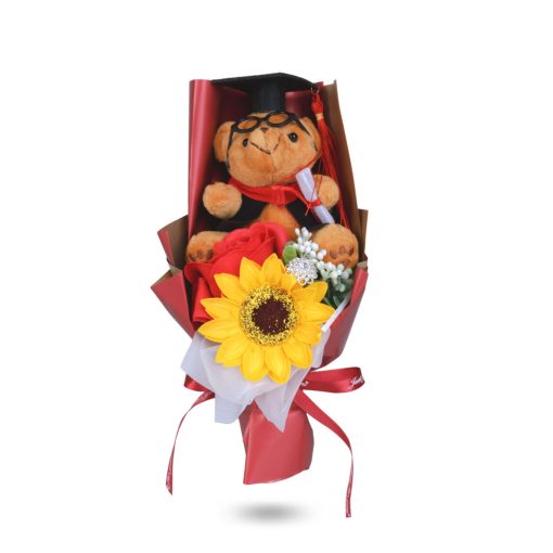 Műnövény dekoráció - napraforgó, macival - 14 x 10,5 x 26 cm