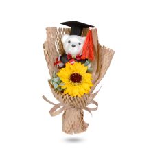 Műnövény dekoráció - napraforgó, macival - 26 x 10,5 x 14 cm