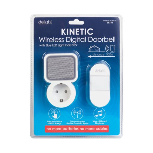 Digitális elem- és vezeték nélküli csengő - Kinetic - 220-240V AC aljzat - fehér - kék LED