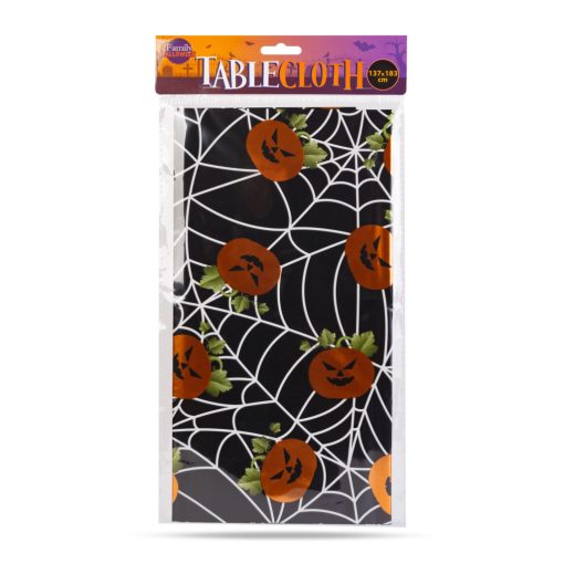 Halloween-i asztalterítő - alumínium hatású - 137 x 183 cm - tök, pókháló