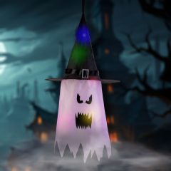   Halloween-i LED dekor - szellem - rózsaszín - 10 színes LED - akasztható - 2 x 2032 - 75 x 35 cm