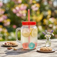 Szívószálas pohár - piros - 4 db hűthető jégkockával, 550ml,  17 x 7.5 x 13.5 cm