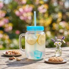 Szívószálas pohár - kék - 4 db hűthető jégkockával, 550ml,  17 x 7.5 x 13.5 cm