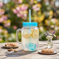   Szívószálas pohár - kék - 4 db hűthető jégkockával, 550ml,  17 x 7.5 x 13.5 cm