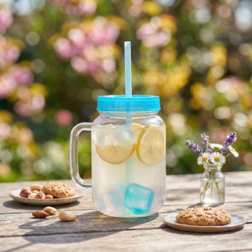 Szívószálas pohár - kék - 4 db hűthető jégkockával, 550ml,  17 x 7.5 x 13.5 cm