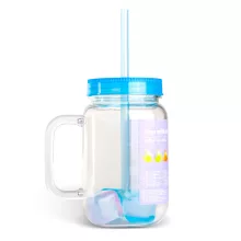 Szívószálas pohár - kék - 4 db hűthető jégkockával, 550ml,  17 x 7.5 x 13.5 cm