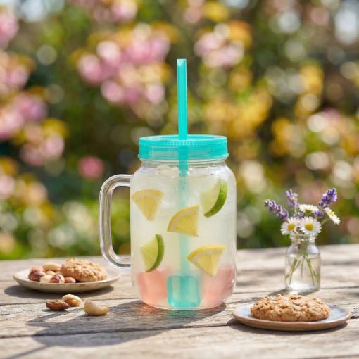 Szívószálas pohár - zöld - 4 db hűthető jégkockával, 550ml,  17 x 7.5 x 13.5 cm