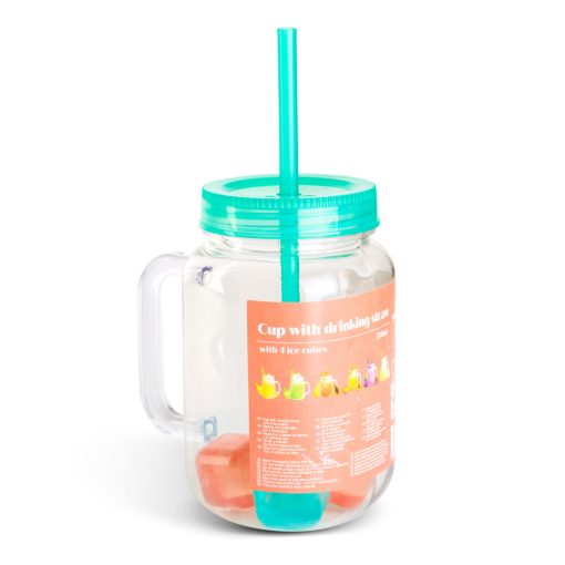 Szívószálas pohár - zöld - 4 db hűthető jégkockával, 550ml,  17 x 7.5 x 13.5 cm