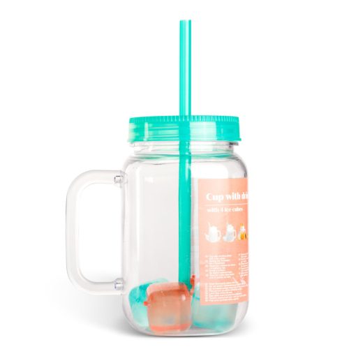 Szívószálas pohár - zöld - 4 db hűthető jégkockával, 550ml,  17 x 7.5 x 13.5 cm