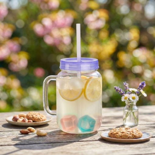 Szívószálas pohár - lila - 4 db hűthető jégkockával, 550ml,  17 x 7.5 x 13.5 cm