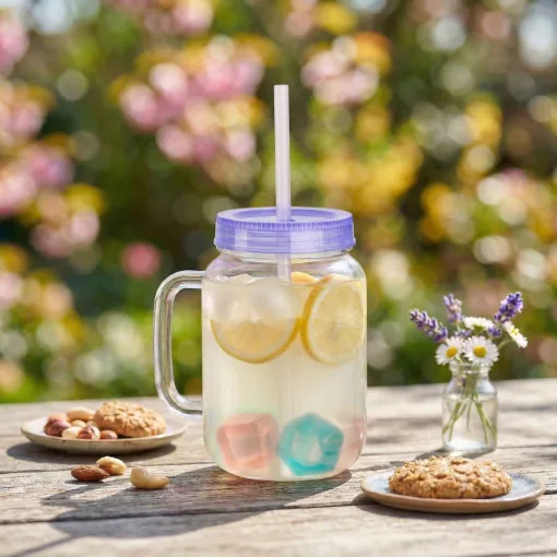 Szívószálas pohár - lila - 4 db hűthető jégkockával, 550ml,  17 x 7.5 x 13.5 cm