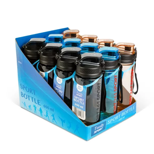 Sport kulacs - műanyag, átlátszó - 600 ml - 3 színben