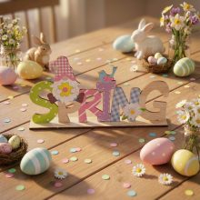 Tavaszi fekvő asztaldekoráció fából - manós 