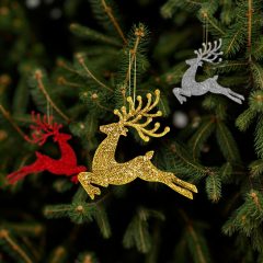   Karácsonyfadísz - glitteres rénszarvas - 12 cm - piros/arany/ezüst - 4 db / csomag