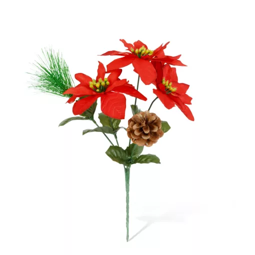 Mikulásvirág dekoráció – 3 virággal, tobozzal – sötétpiros – 34 cm