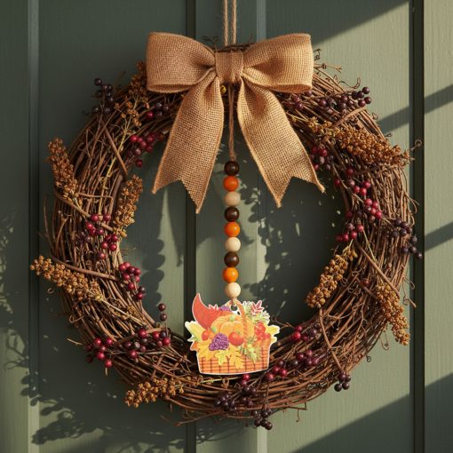 Őszi dekoráció - bőség kosár - akasztható - fa - 29 x 9 cm