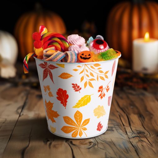 Őszi dekoráció - fém kaspó, vödör - leveles - 15 x 13,7 cm