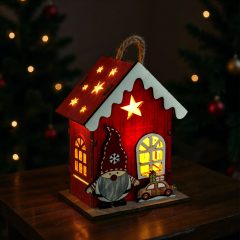   Karácsonyi LED-es dekoráció - házikó manóval - melegfehér LED, piros - 7,5 x 5 x 10 cm - 2 féle