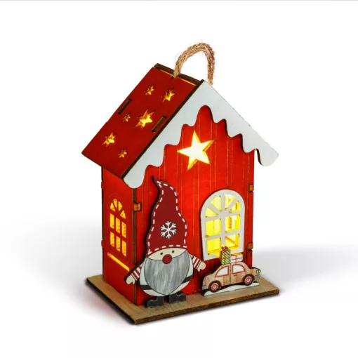 Karácsonyi LED-es dekoráció - házikó manóval - melegfehér LED, piros - 7,5 x 5 x 10 cm - 2 féle