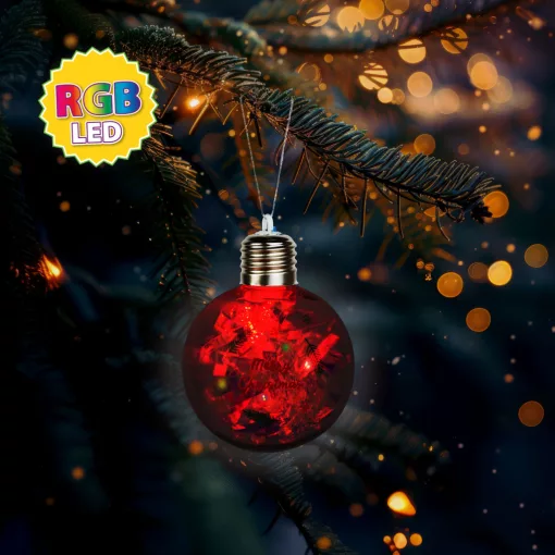 Karácsonyi LED-es gömb - RGB LED - átlátszó - műanyag - 8 cm - 3 x LR44