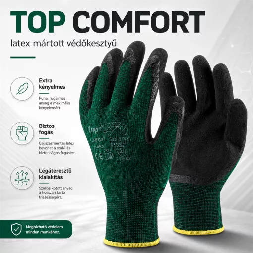 Védőkesztyű latex mártott poliészter TOP COMFORT, fekete/zöld, L