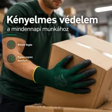 Védőkesztyű latex mártott poliészter TOP COMFORT, fekete/zöld, L