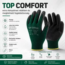 Védőkesztyű latex mártott poliészter TOP COMFORT, fekete/zöld, M