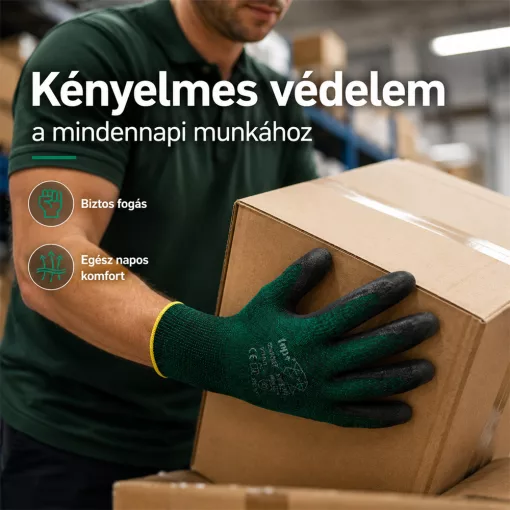 Védőkesztyű latex mártott poliészter TOP COMFORT, fekete/zöld, S