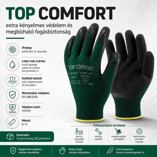 Védőkesztyű latex mártott poliészter TOP COMFORT, fekete/zöld, S