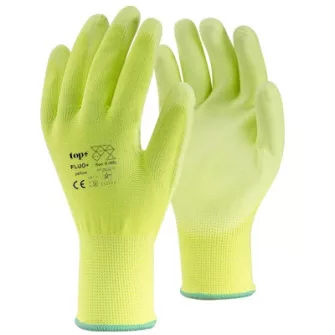TOP FLUO-Y_PLUS PU mártott védőkesztyű, gumírozott mandzsetta, fluo sárga