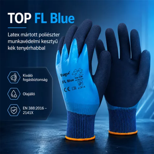 Kesztyű latex mártott poliészter gumírozott mandzsetta TOP FL, kék, 8