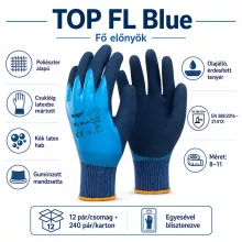 Kesztyű latex mártott poliészter gumírozott mandzsetta TOP FL, kék, 9