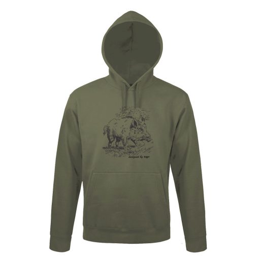 Kapucnis pulóver (vaddisznó mintával) 50% pamut 50% poliészter, military green, S