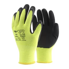   Védőkesztyű latex mártott poliészter lélegző TOP JOB, fekete/sárga, M