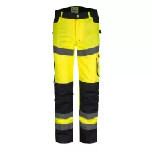 Munkanadrág derekas jólláthatósági, 65% poliészter, 35% pamut, fényvisszaverő csíkok,multifunkciós zsebek,fluosárga, 4XL