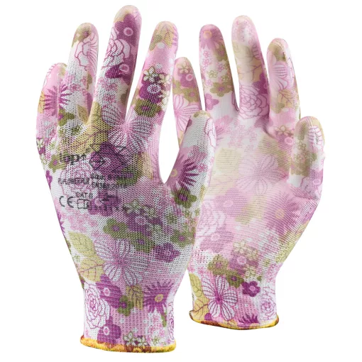 Védőkesztyű mártott poliészter TOP PU FLOWER PUR, lila, XL