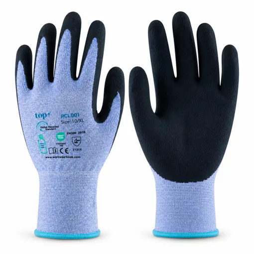 Védőkesztyű TOP RCL001 PE+spandex, habosított érdesített latex mártás, kék/fekete, 10