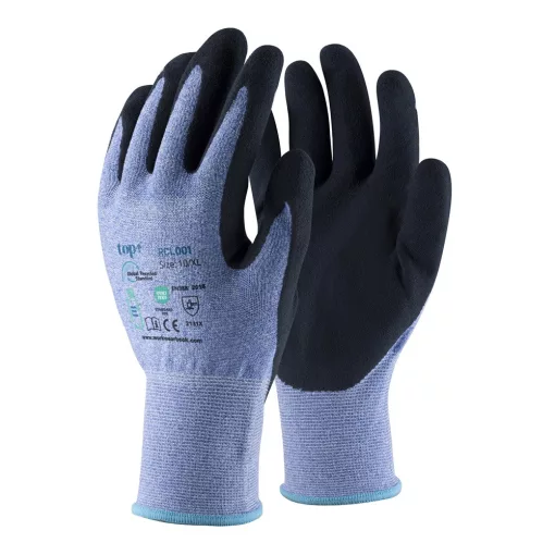 Védőkesztyű TOP RCL001 PE+spandex, habosított érdesített latex mártás, kék/fekete, 8
