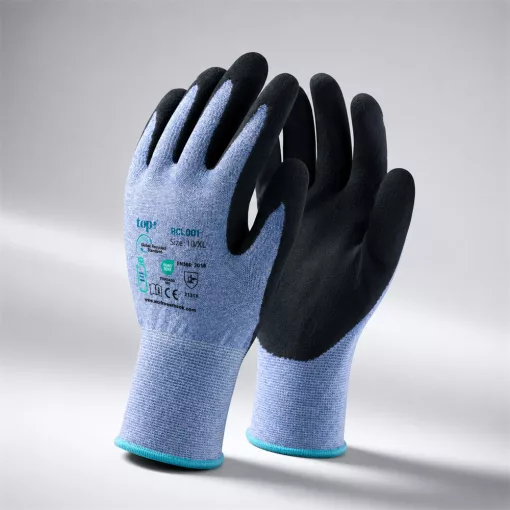 Védőkesztyű TOP RCL001 PE+spandex, habosított érdesített latex mártás, kék/fekete, 9