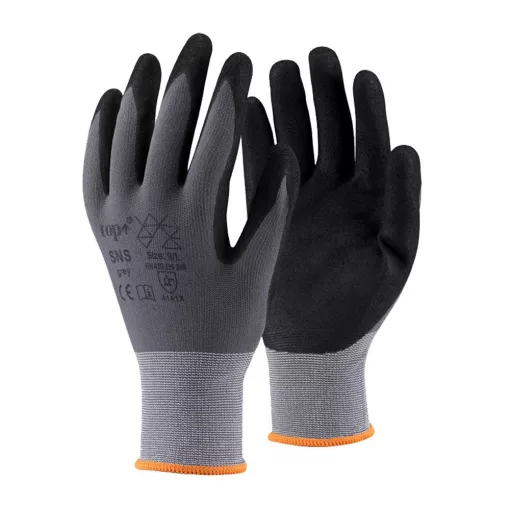 Kesztyű homokszemcsés nitrilhabba mártott nylon TOP SNS, fekete/szürke, 8