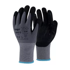   Kesztyű nylon, homokszemcsés nitrilhabba mártott, tenyér pontozással TOP SNS-D, fekete/szürke, 9